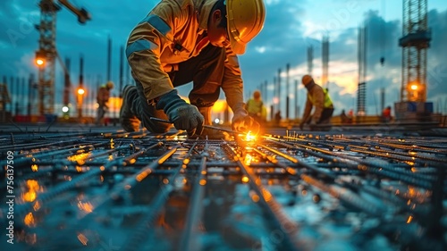 Construction workers fabricating steel reinforcement bar © bannafarsai