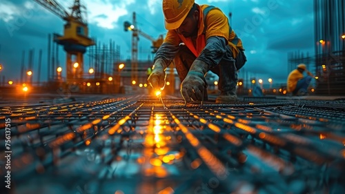 Construction workers fabricating steel reinforcement bar photo