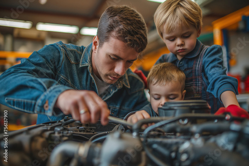 a father and son repairing a car engine in the garage photo
