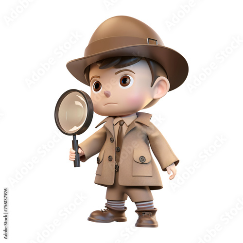 3D PNG cartoon character of a child holding a magnifying glass