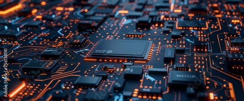 3d rendering of circuit board background with closeup view on chip and baseboard