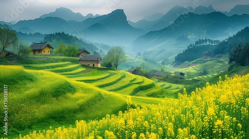 Spring, rural houses in China,Asia, look livable among the green mountains and green waters. photo