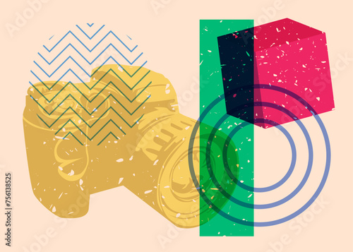 Risograph Camera, Photographic Equipment with geometric shapes. Objects in trendy riso graph print texture style design with geometry elements.