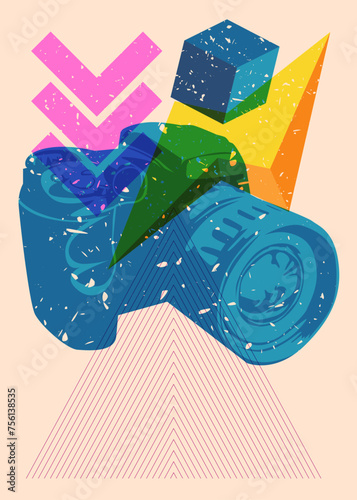 Risograph Camera, Photographic Equipment with geometric shapes. Objects in trendy riso graph print texture style design with geometry elements.