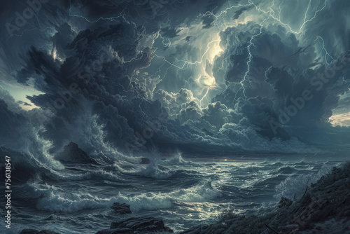 Stormy ocean, seascape with thunder and lightning