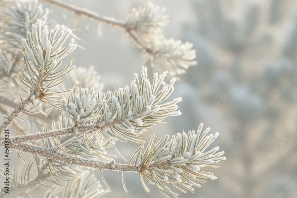 Frost-covered pine branches contrast with the soft morning light.