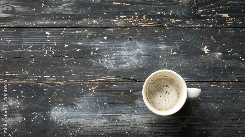 white cup on a black wooden background There is half space for writing text. view from above white cup on a black wooden background There is half space for writing text. view from above