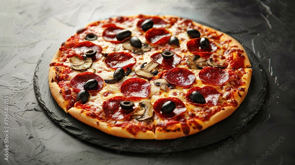 Delicious pepperoni pizza with mushrooms and olives On the black stone background There is space to write a message.