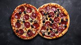 Delicious pepperoni pizza with mushrooms and olives On the black stone background There is space to write a message