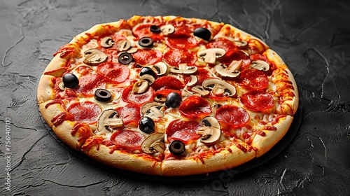 Delicious pepperoni pizza with mushrooms and olives On the black stone background There is space to write a message.