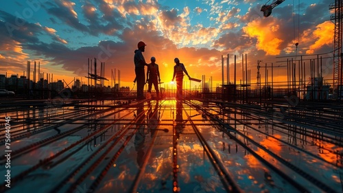 Construction workers fabricating steel reinforcement bar photo