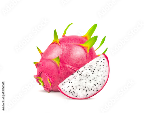 Dragon fruit, pitaya isolated on white background with clipping path. Cut white fleshed pitaya fruit isolated on white background. Fresh organic dragon fruit from the garden. food concept.