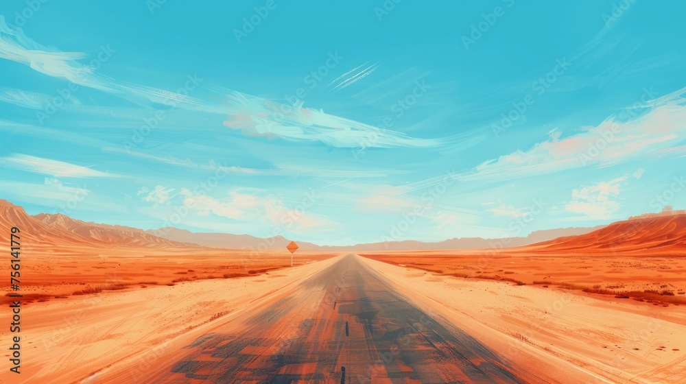 Naklejka premium Empty route 66, usa, digital painting. Desert, valley of death. 4k Wallpaper, background. Blue sky, orange sand with an empty asphalt road