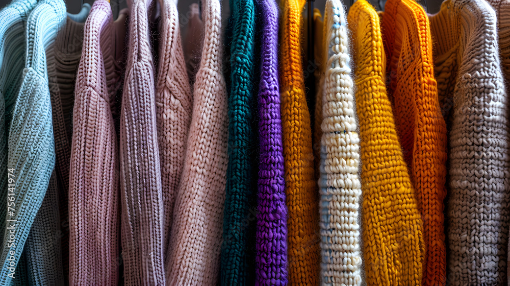 A rack with stylish female sweaters in a boutique, captured in a close-up view. A rack with stylish female sweaters in a boutique, captured in a close-up view.