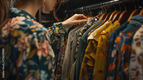 A woman selecting clothes from her wardrobe in a dressing room, captured in a close-up shot.