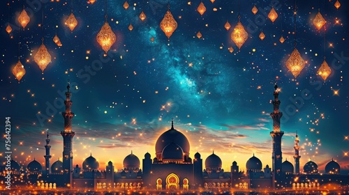 Islamic mosque lantern for Eid Ramadan banner poster design photo