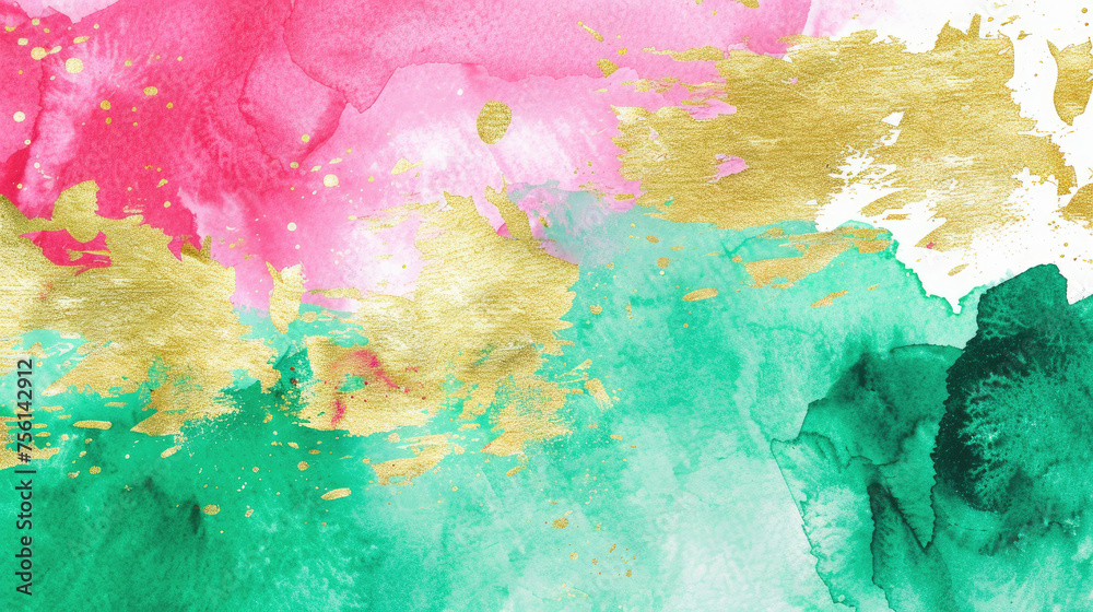 Emerald green, pink and gold abstract watercolor background for graphic design, banner and template. Multicolor watercolor texture