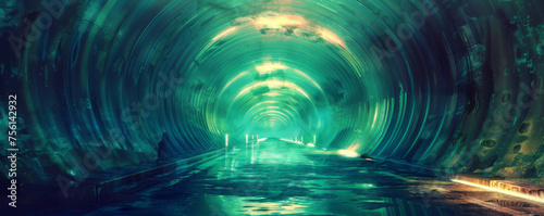 Mysterious underwater tunnel with glowing walls and a silhouetted figure