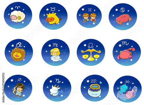 かわいい１２星座の詰め合わせ　cartoon constellation illustration