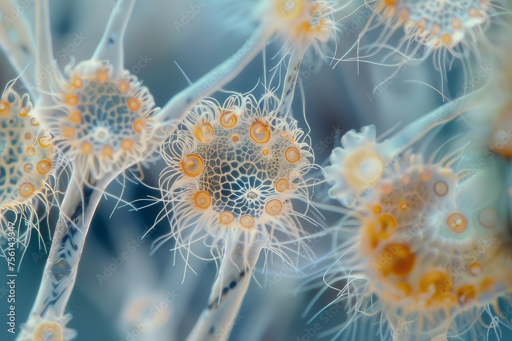Macro photo of complex fungal spores under a microscope. Macro photo of complex fungal spores under a microscope.