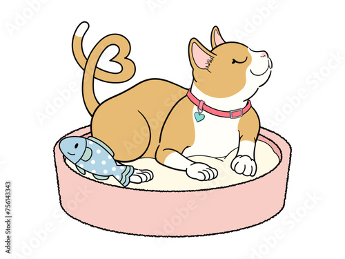 鼻チューしようとしている猫ベッドの上の茶色いハチワレ猫
