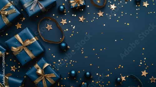 Christmas background with blue gift boxes and golden stars on dark navy blue color, top view. New Year or Christmas
