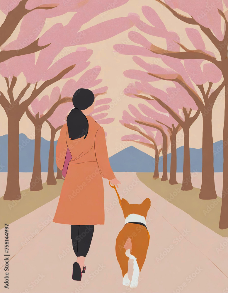개와 산책하는 여자