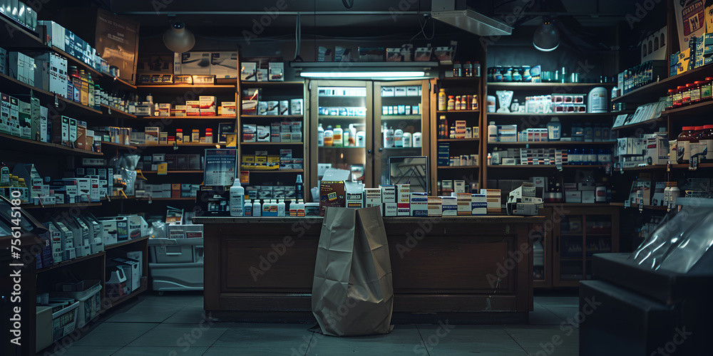  Paper bag on drugstore counter, shelves stocked with health essentials.