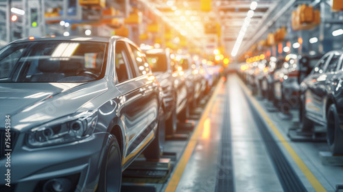 Mass production assembly line of modern cars in a busy factory