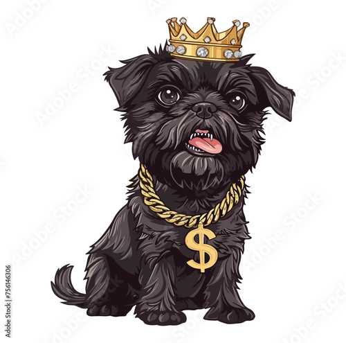 Affenpinscher dog wearing a kings crown with a golden chain bling necklace encrusted dollar sign vector illustration