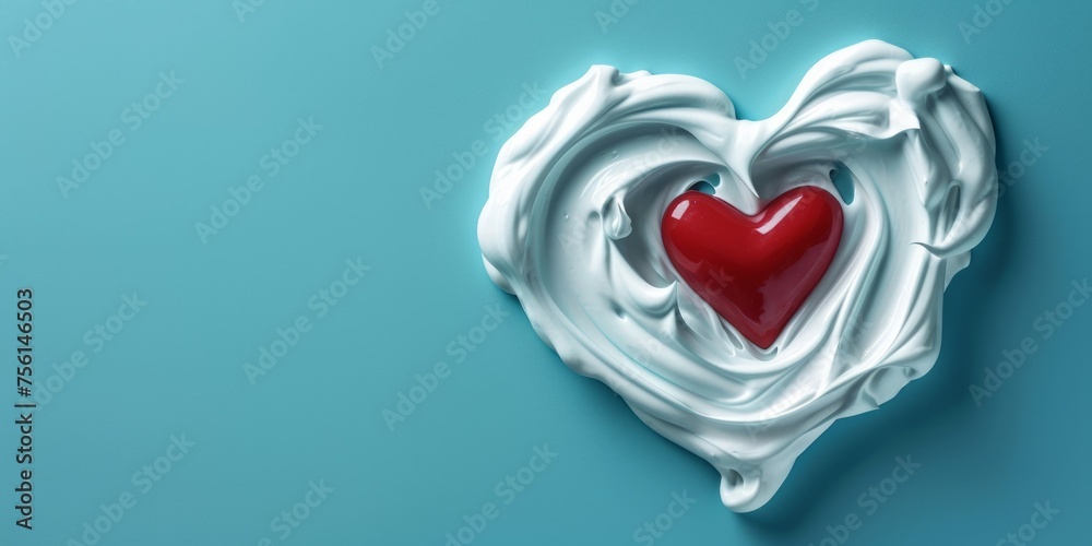 A red heart encased within swirls of white cream against a vibrant blue backdrop, symbolizing love and care.