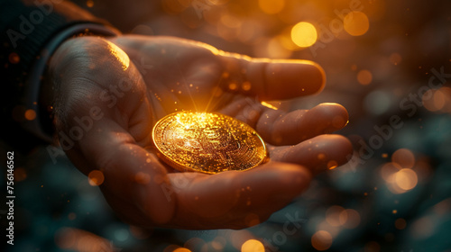 Bitcoin Coin Gold Cryptocurrency People holding hand symbols of crypto currency, electronic virtual money for web banking and foreign payments, future currency exchange.