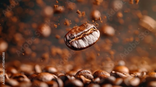 Coffee bean in mid-air with a dynamic cascade of ground coffee