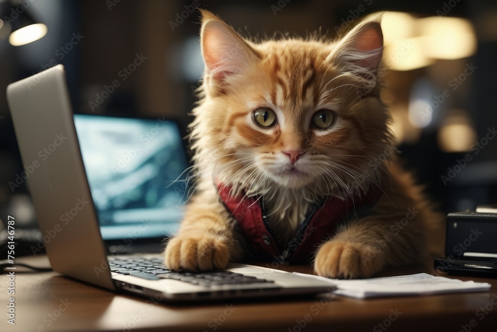 A cute cat is looking at the laptop screen A cute cat is looking at the laptop screen