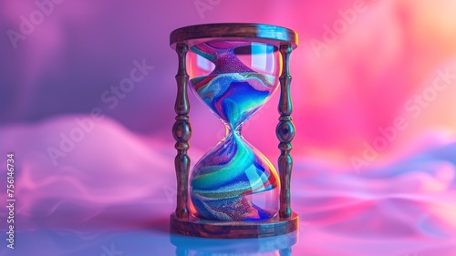 Rainbow colored liquid pouring out of hourglass