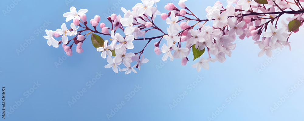 Delicate cherry blossom branches in full bloom set against a soft blue background, invoking a feeling of spring and renewal Delicate cherry blossom branches in full bloom set against a soft blue background, invoking a feeling of spring and renewal