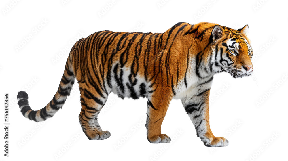 Powerful stance of a tiger in profile, with heightened focus on musculature and stripe pattern