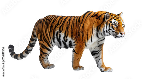 Powerful stance of a tiger in profile, with heightened focus on musculature and stripe pattern
