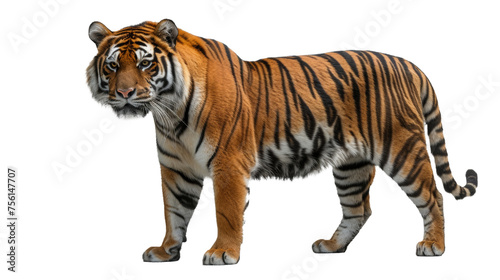 An imposing tiger stands with a firm gaze and detailed striped fur, captured in high resolution against a white background