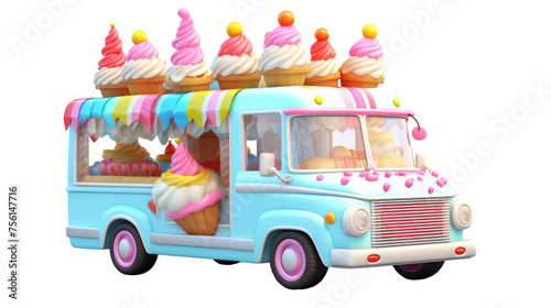 Charming 3D Cartoon Ice Cream Truck with Colorful Design on Transparent Background PNG