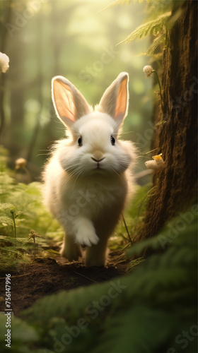 a white rabbit in the woods with flowers. ai generated. © Drap