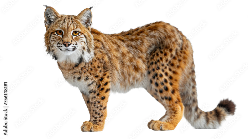 Fototapeta premium A striking image capturing the essence of the wild Eurasian lynx in a full-body profile view, isolated on a crisp white background for clarity