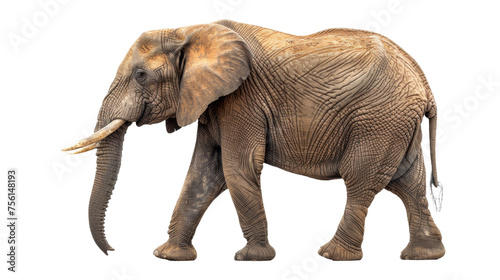 Full side view of a majestic African elephant with detailed textured skin, isolated on a white background