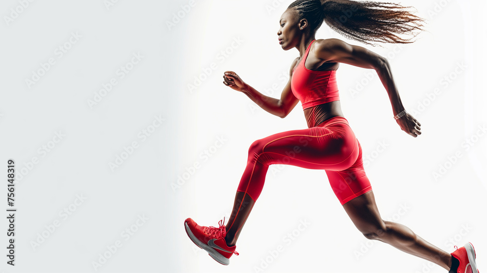 A strong athletic, woman sprinter, running on black background wearing in the sportswear, fitness and sport motivation concept A strong athletic, woman sprinter, running on black background wearing in the sportswear, fitness and sport motivation concept