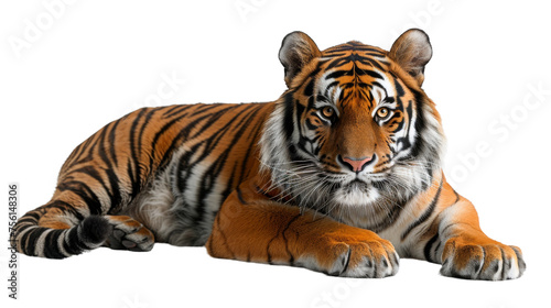 Detailed depiction of a Bengal tiger at rest  with emphasis on its majestic stripes and piercing gaze