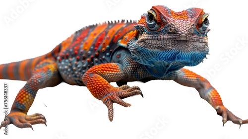 Dynamic shot of a vibrant orange iguana with detailed scales and an attentive expression, poised against a white background photo