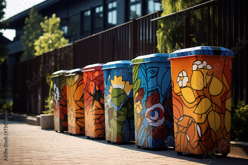Waste separation bins of different colors and designs outdoors. IA generative