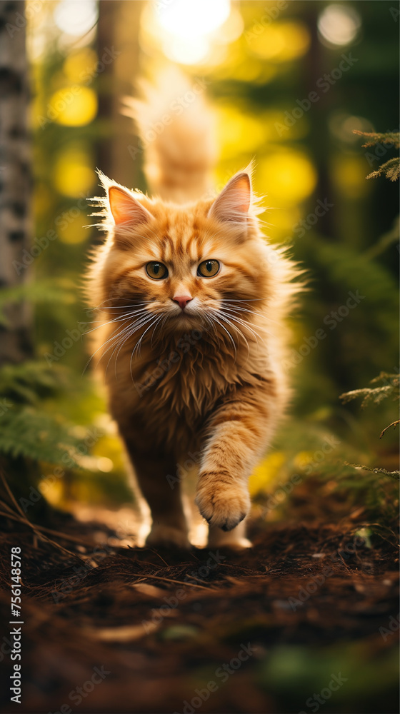 a cat walking through a forest. ai generated image