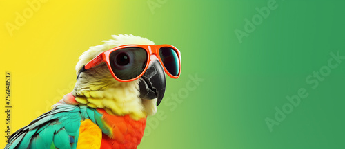 Parrot with glasses on a beautiful background. Generative AI. P003