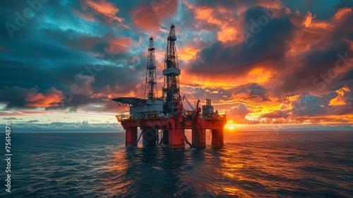 Sunset illuminating an offshore oil rig in the calm sea